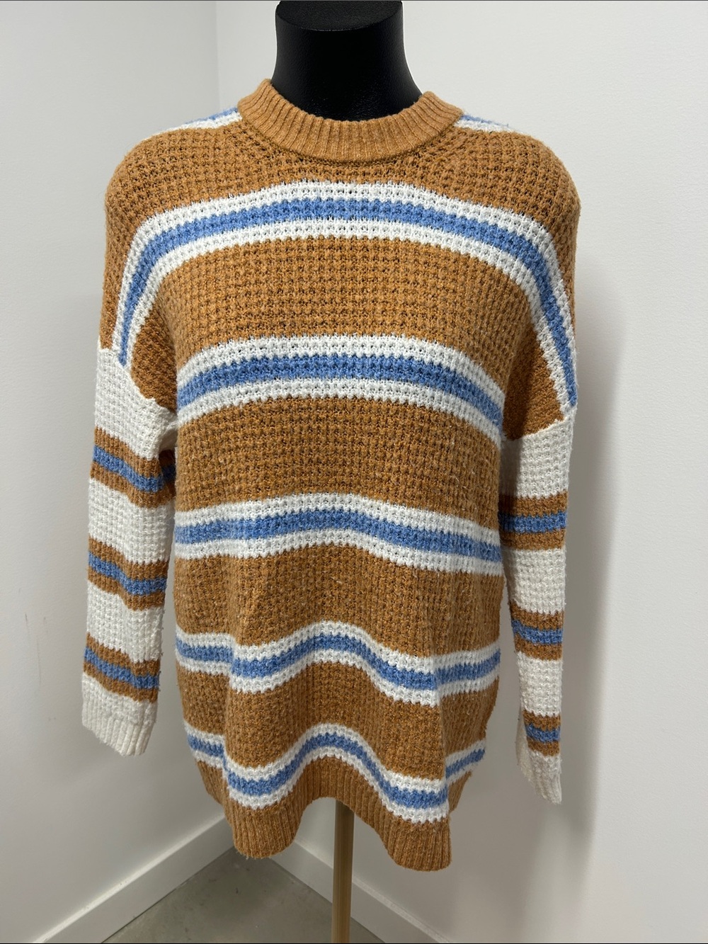 American Eagle Striped Waffle Knit Oversized Sweater XS Brown White Blue Slouchy